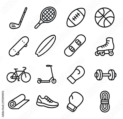 Outline icons of popular sports equipment on gradient background