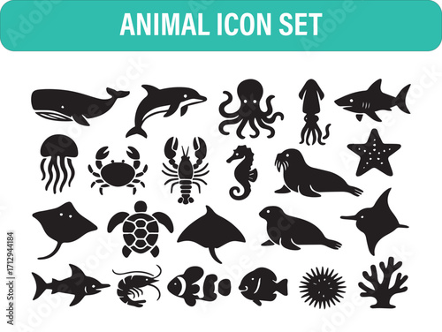Marine Animal Icon Pack – Ocean Wildlife Silhouettes