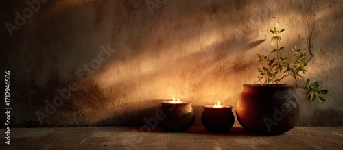 Serene Still Life: Candles, Plant, and Rustic Wall