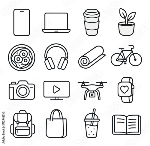 Minimalist icons: technology, lifestyle, and fitness essentials