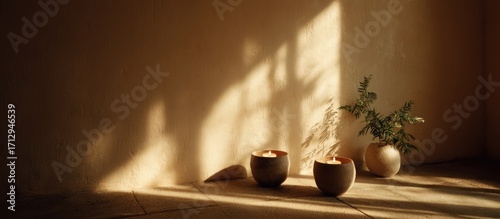 Serene Candlelight and Plant in Sunlit Room