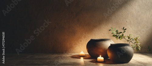 Serene Still Life: Earthen Pots, Candles, and Tranquility