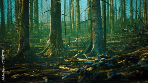 Fotografija Tall, slender trees rise in a serene forest as soft mist lingers above the forest floor