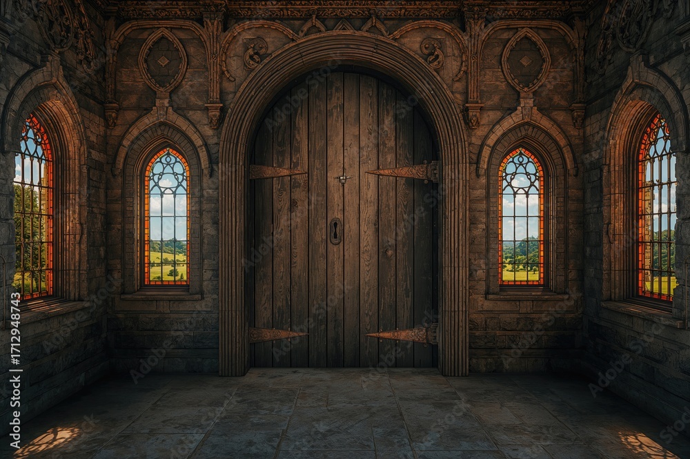 Fototapeta premium Ancient wooden gate with vintage texture on a fortress wall