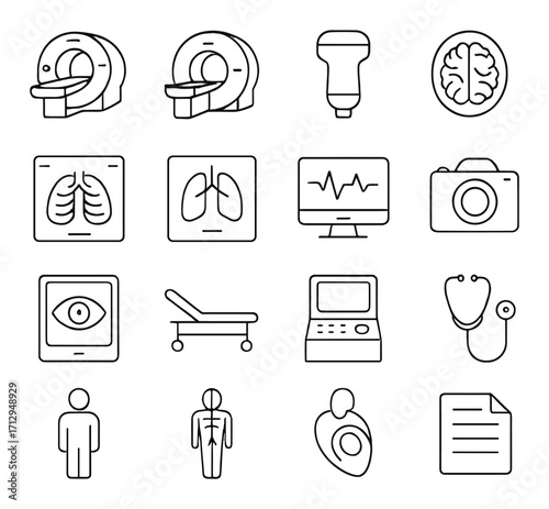 Medical equipment icons: mri, lungs, brain, stethoscope, heart monitor in minimal style