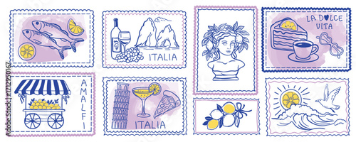 Collection of vintage Italian postage stamp illustrations with lemons, wine, pizza, architecture, Amalfi, sea waves, and La Dolce Vita theme in hand-drawn sketch style