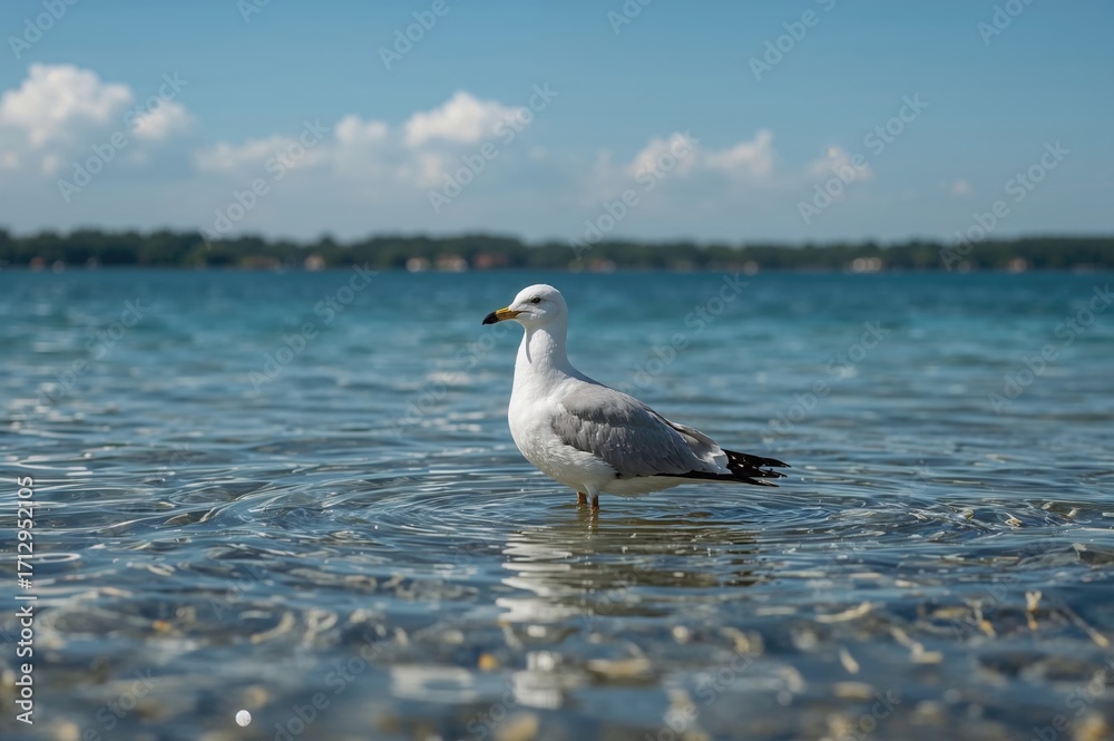 Fototapeta premium A gull wading in the shallow waters of a lake