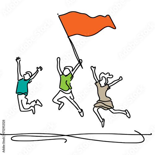 jumping happy young with flag line-art, one line vector illustration