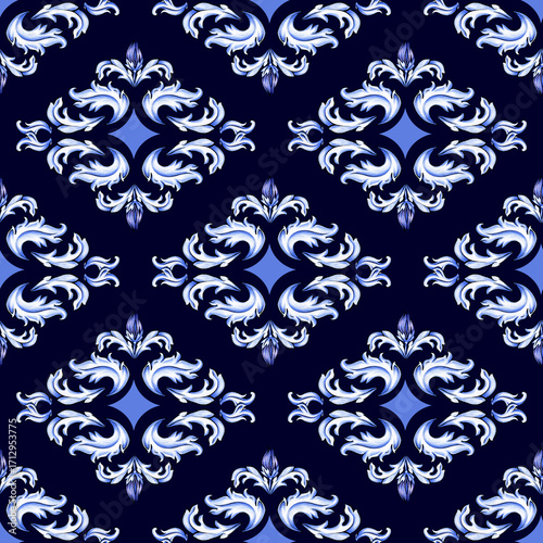 Elegant seamless pattern featuring intricate baroque-style flourishes in shades of blue and white against a deep navy background. Hand made luxurious texture are perfect for textiles, wallpapers