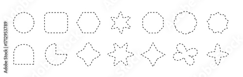 Different geometric outlines of shapes with zig zag wavy edge. Rectangle, Oval, Circle, Square. Vector set black elements for design frame, stamp, template and badges, vector illustration.