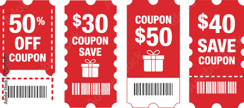 Collection of red discount coupons with barcodes and savings amounts