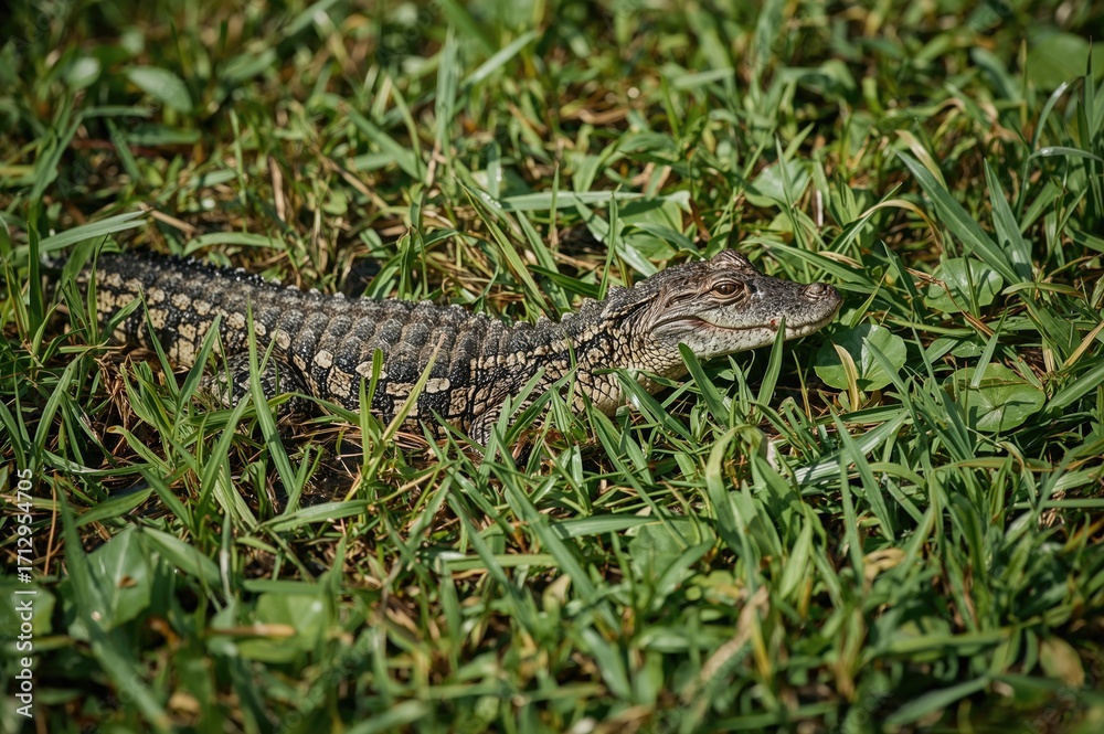 Naklejka premium Young crocodilians camouflaged in grassy habitat, close-up of a baby reptile in natural surroundings