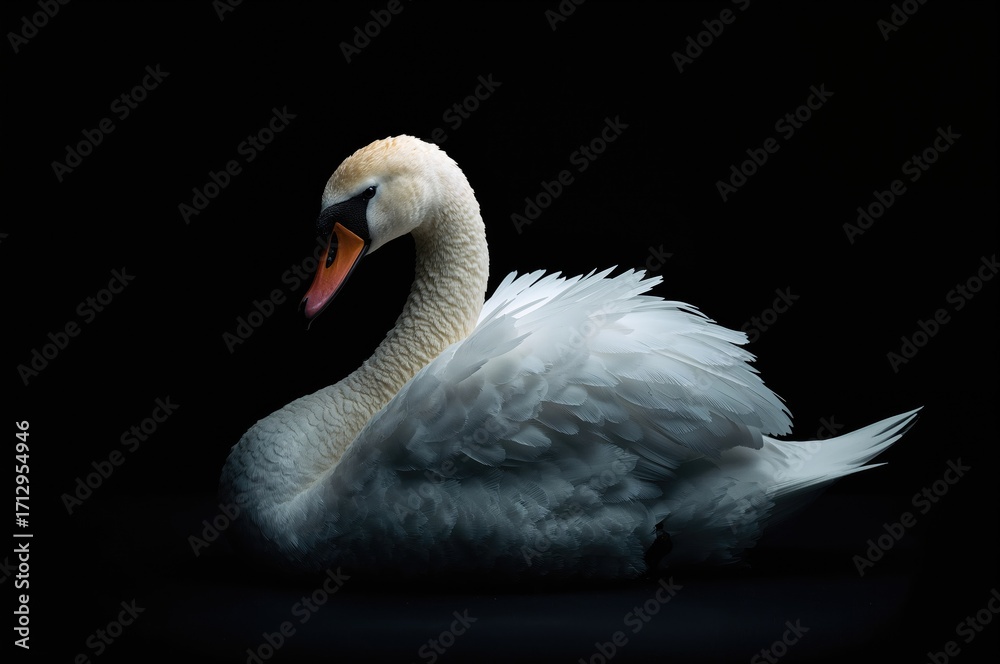 Fototapeta premium Lone white swan resting against a deep dark backdrop
