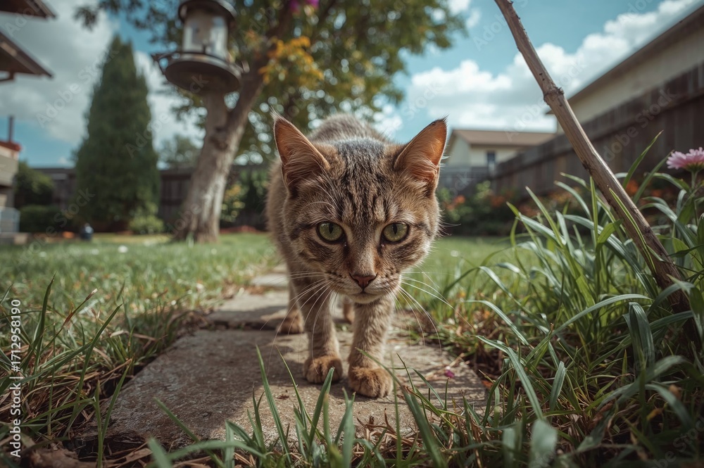 Obraz premium A stray cat scavenges for food in a deserted backyard.