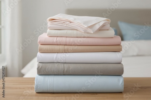 Pile of fresh bed sheets ar...