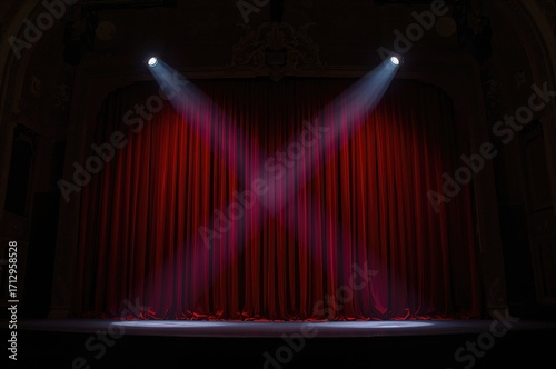 Red theater drapes illuminated by dual intersecting spotlights