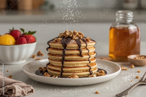 Pile of sugary pancakes top...