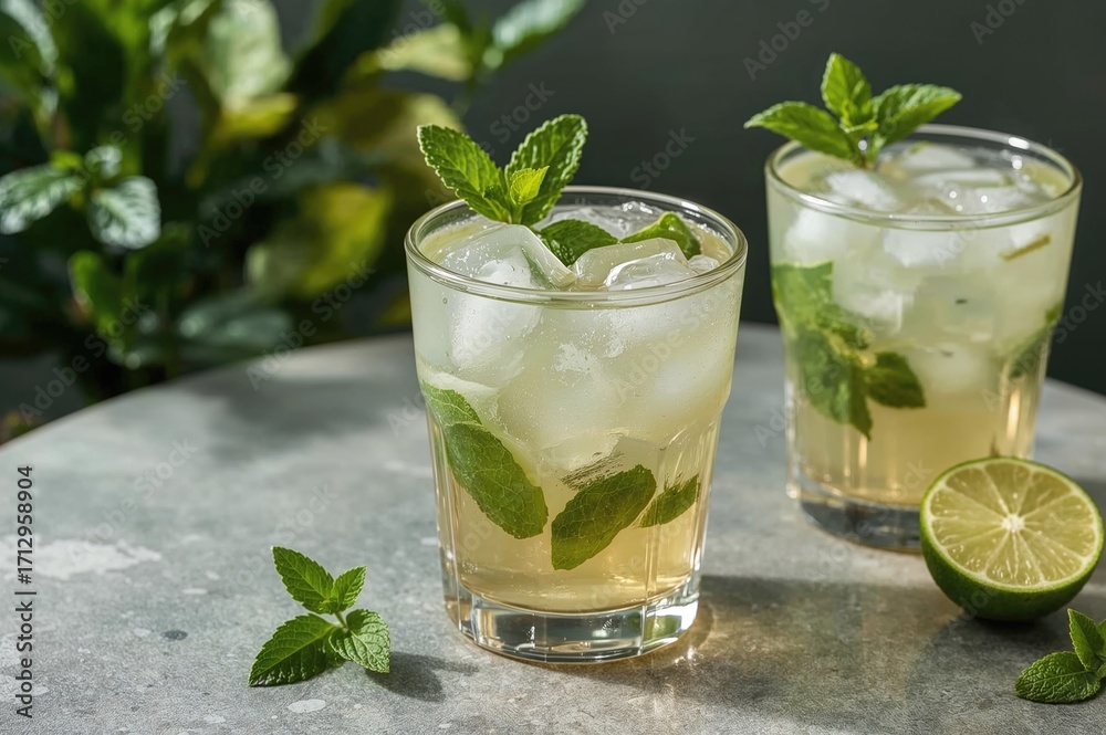 Fototapeta premium Refreshing summer beverage with green tea, lime, and mint infusion