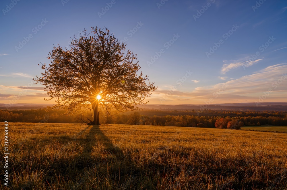 Fototapeta premium Dawn light casting a warm glow over a fall landscape with trees