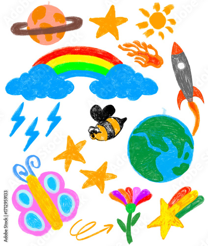 drawing in crayon style with a theme for children