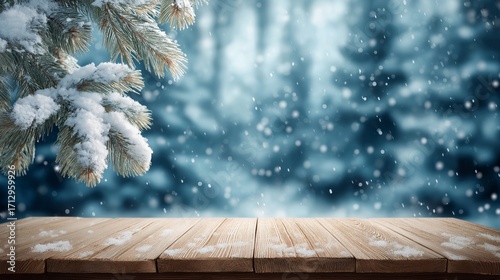 A snowy scene with a tree branch and a wooden table