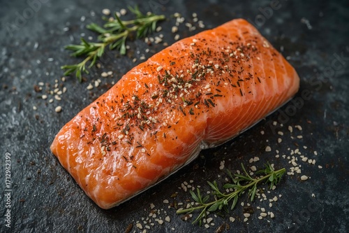 Raw salmon fillet seasoned ...