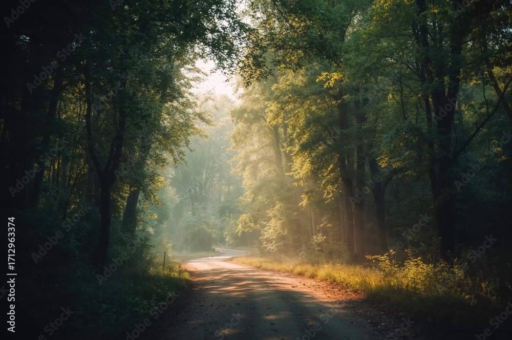 Fototapeta premium Bright daylight on a rural path surrounded by woods, with distant trees visible