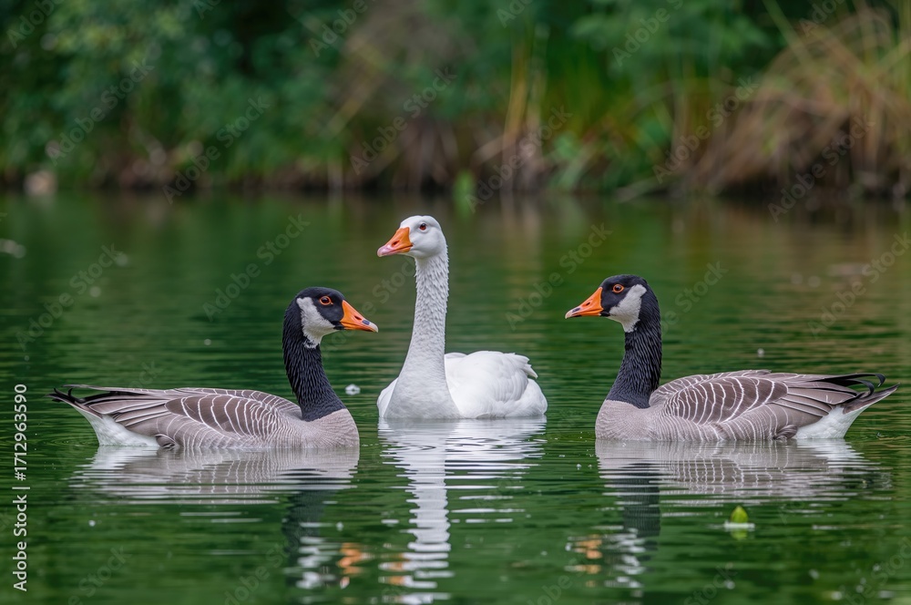 Obraz premium Three geese, including a white one and two gray ones, glide across a lake with green water. The species are Anser anser and Anser cygnoides.