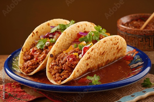 Ground beef tacos topped wi...