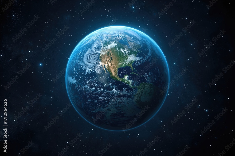 Obraz premium Blue terrestrial exoplanet resembling Earth in the cosmos, stunning extraterrestrial world, 3D cosmic backdrop.