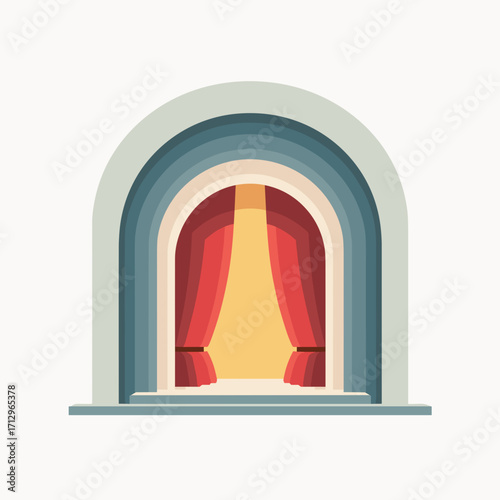 empty theater stage with red curtains on light background