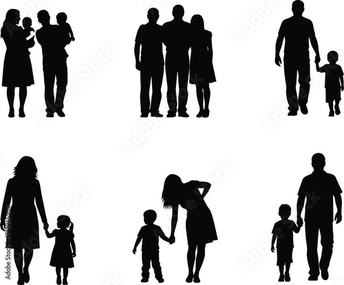 PrintFamily silhouette, parent child pose, caregiving gesture, black outline, emotional connection, vector art, isolated figure, bonding scene, support theme, relationship concept