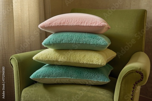 Pile of soft cushions on a ...