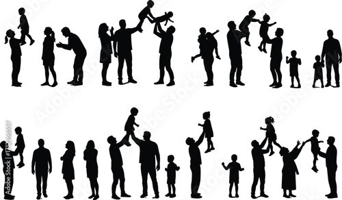 PrintParent child silhouette, family interaction, caregiving moment, black outline, emotional gesture, vector art, isolated figure, bonding scene, communication theme