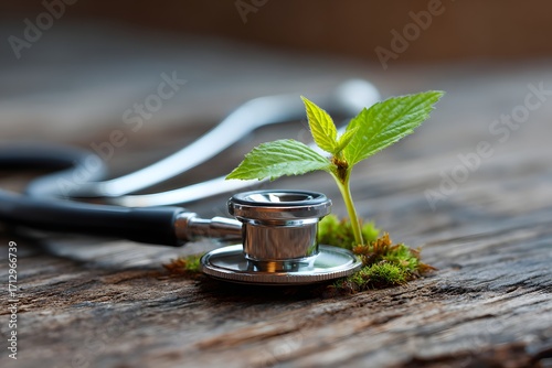 Symbolic still life of a stethoscope next to a green sprout on a wooden surface, representing health, medicine, nature, and holistic care.