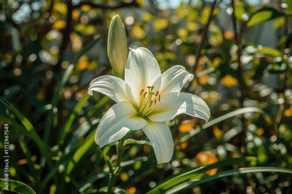 Fototapeta premium The lovely white lily blossoming in my backyard