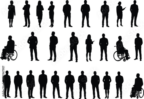 PrintSilhouette of twenty diverse people including wheelchair users, standing and seated poses, diversity concept, inclusion, accessibility, community, social representation, vector illustration