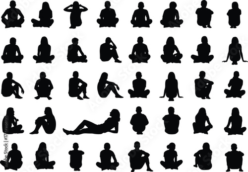 PrintSitting silhouette, human pose, seated gesture, black outline, posture variety, ergonomic concept, lifestyle design, vector art, isolated figure, character reference