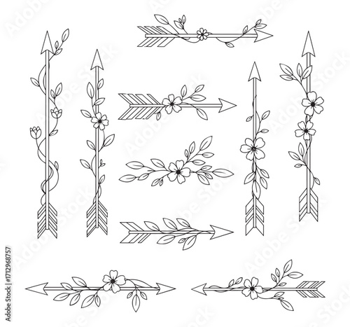 Elegant Decorative Floral Ornaments and Botanical Design Elements with Swirls, Leaves, Arrows and Flowers for Borders, Frames, Dividers, Patterns, and Decorative Artwork in Vintage and Modern Styles