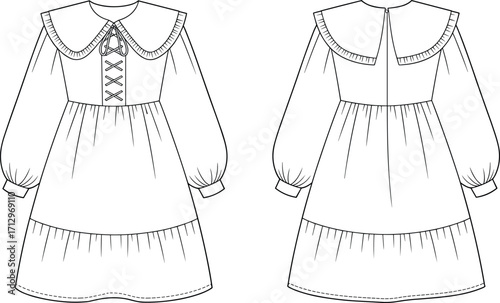 Technical fashion vector illustration of women’s long sleeve dress with ruffled collar, puff sleeves, ribbon bodice detail, and tiered gathered skirt