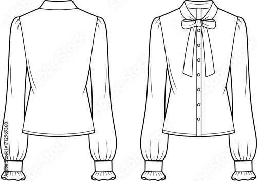 Technical fashion vector illustration of women’s long sleeve blouse with bow tie neckline, puff sleeves, ruffled cuffs, button front, plain back