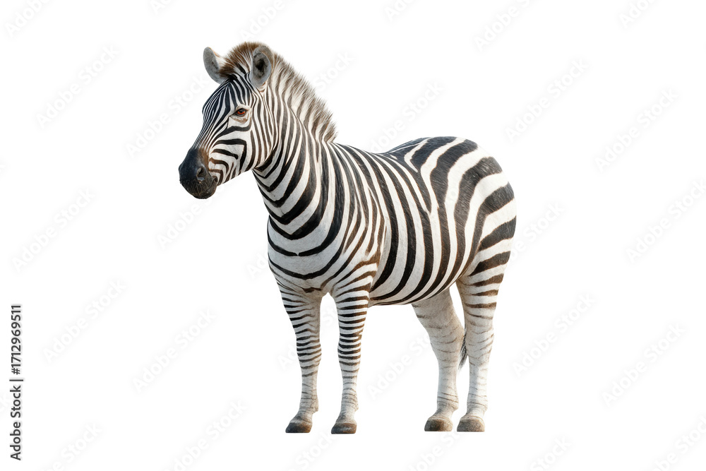 Fototapeta premium Majestic zebra standing on white background with distinctive black and white stripes, cut out