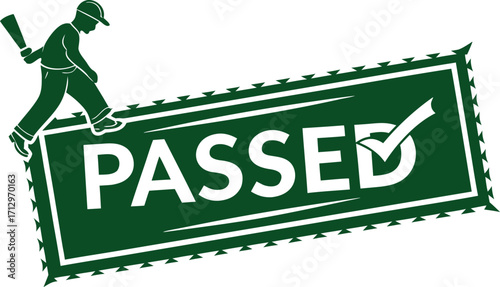 This image shows a passed stamp with a worker, indicating successful completion. It is isolated on a white background and can be used for various purposes.