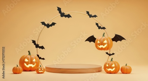 Spooky Halloween Pumpkin Display with Bat Decorations and Podium