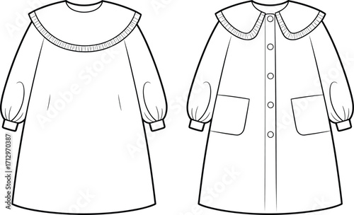 Technical fashion vector illustration of women’s long sleeve dress with Peter Pan collar, puff sleeves, crisscross ribbon bodice, and tiered skirt