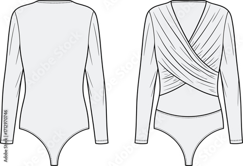 Technical fashion vector illustration of women’s long sleeve bodysuit with wrap front draped design, V-neckline, fitted sleeves, and high-cut leg