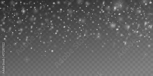 Winter white falling snowflakes, soft glowing effect on a transparent background. Decoration for winter designs, holiday banners, greeting cards. Isolated vector realistic snowfall, overlay effect.