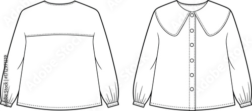 Technical fashion vector illustration of women’s long sleeve blouse with Peter Pan collar, button front, gathered sleeves, cuffs, and back yoke