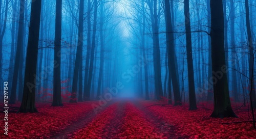 Misty Forest Path Illuminated by Ethereal Blue Light
