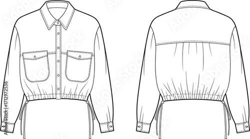Technical flat sketch vector of long sleeve button up shirt with collar, chest pockets, drawstring hem, front and back views